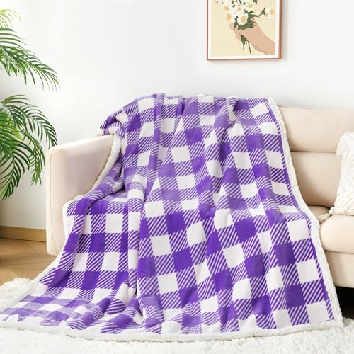 Touchat Sherpa Plaid Twin Blanket 60" X 70", Fuzzy Fluffy Soft Cozy Throw Blanket, Twin Size Plush Fleece Flannel Plush Microfiber Blanket for Couch Bed Sofa (PurpleWhite)