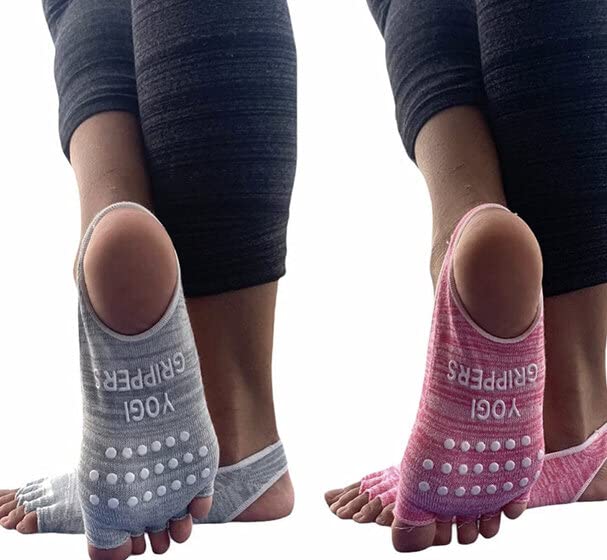 Grip Socks for Women Open Toe & Heel Pilates Non Slip Socks Womens Pilates Socks with Grips for Women Grippers Socks No Slip Socks Women Sox Cute 2 Pairs Pink Gray