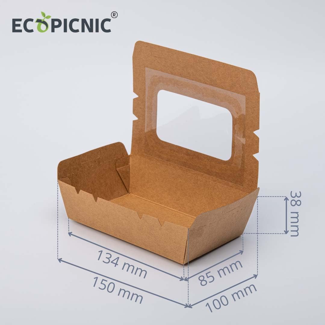 Lunchbox de Papel Kraft con Ventana Transparente y Tapa 200 Unidades 500 ml | Caja desechable de cartón Kraft con Ventana, Ideal para Comida para Llevar, ensaladas, postres y Snacks