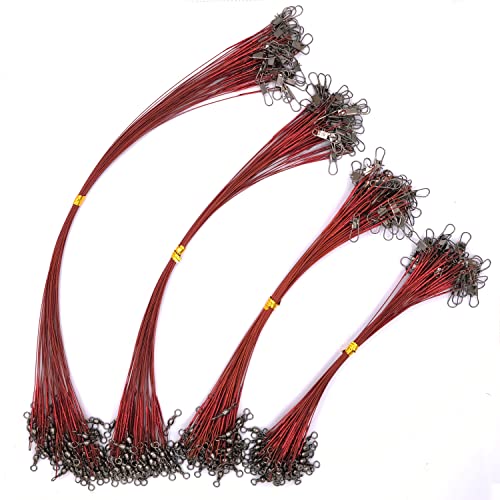 Piscorush ワイヤーリーダー 50本セット 徳用 4色 15−30p 太刀魚 仕掛け 釣りワイヤーハリス タチウオ ステンレス スイベル・スナップ付き (25cm, 赤 50本セット)