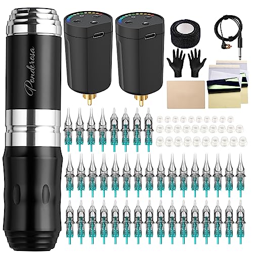 STIGMA Wireless Tattoo Maschine Set Rotary Tattoo Pen Set Komplettes Tattoo Kit mit 2 Stück Batterien 40 Stück Patronen Nadeln für Anfänger und Tätowierer (Silber)