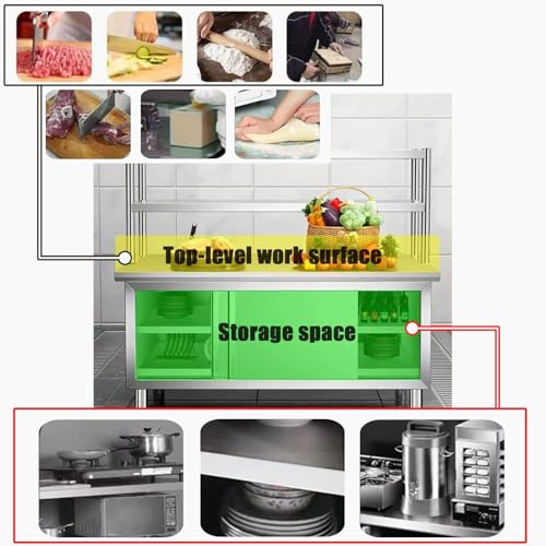 Banco da lavoro rimovibile a doppia porta scorrevole in acciaio inox, 80 cm, resistente, con ripiani portaoggetti, capacità di carico 50 kg, facile da montare, ideale per uso domestico e ristorante