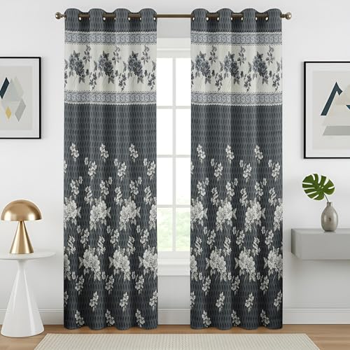 Image of Homefab India Jacquard Jute Curtains Room Darkening - Long Door 9 feet, Pack of 2 Curtain, Grey Floral