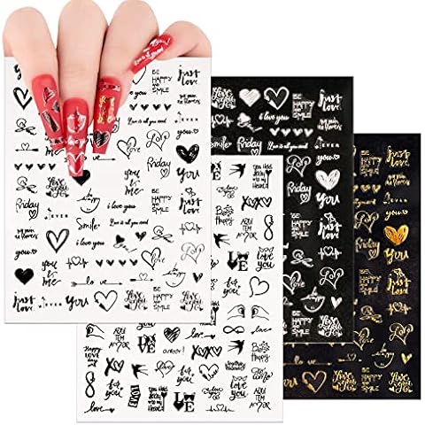 10 Blatt Nagelsticker Selbstklebend Herzen Love Nagelaufkleber Valentinstag 6 Farben Silber Gold Holografisch Schwarz Weiß DIY Nagel Kunst Deko Nail Art Aufkleber Sticker Accessoires Cover