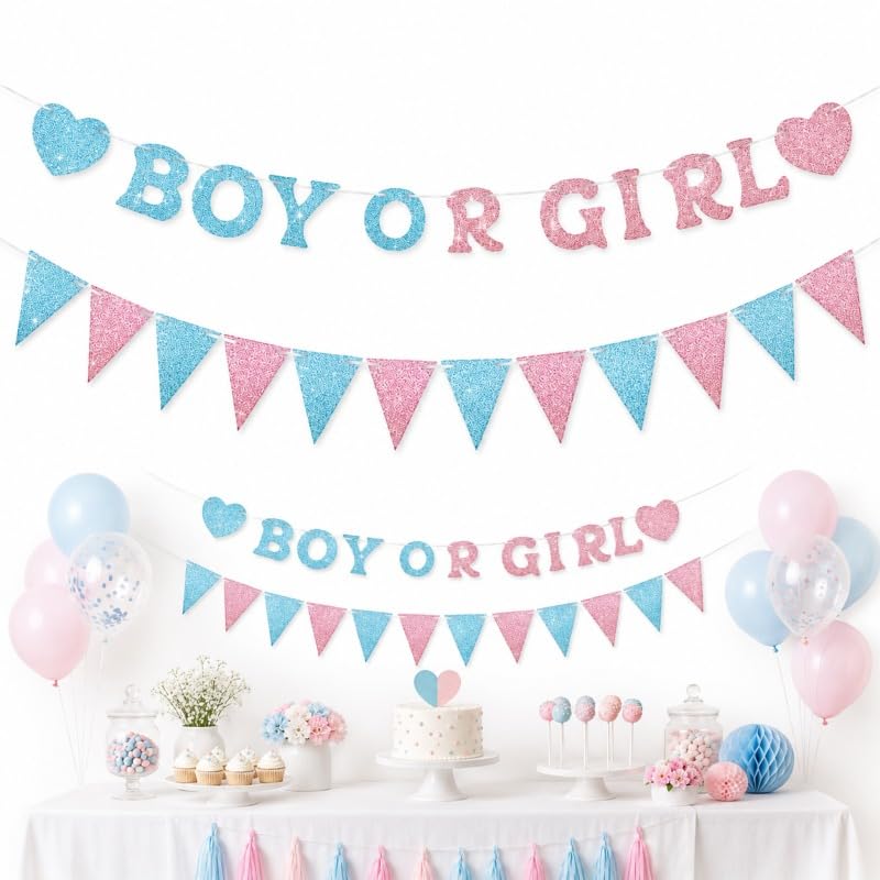 Boy or Girl Banner Gender Reveal Decorations, Pre-Strung Glitter Gender Reveal Banner, for Girl Boy Shower Photo Backdrop Props with Heart Pattern Pennant