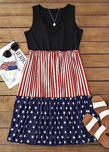 Image of Ditsy Floral Color Block Ruffled Sleeveless Mini Dress Womens Casual Sleeveless Loose Flowy Swing Shift Summer Dress