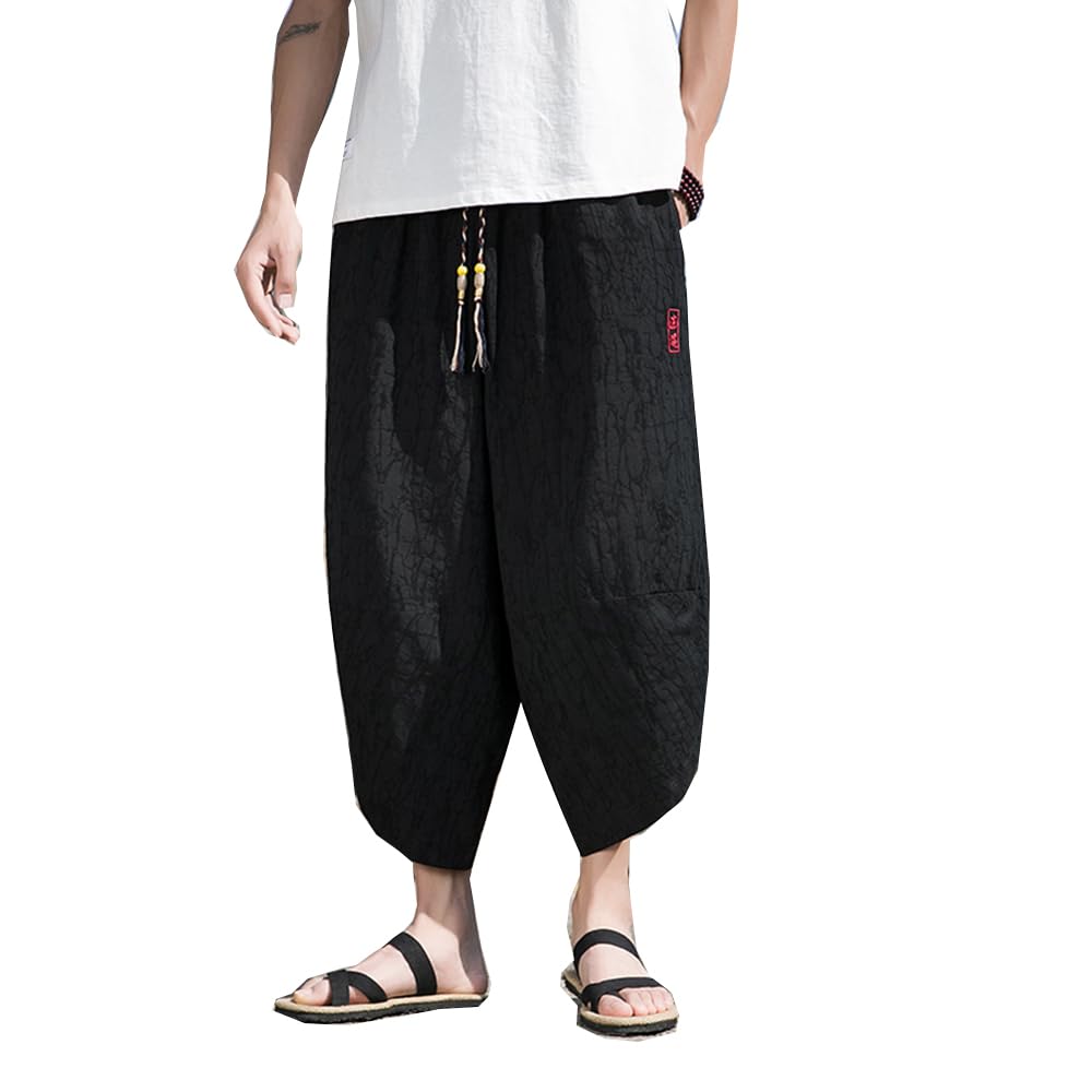 Men's Japanese Kimono Traditional Beach Pants Linen Capri Summer Harem Shorts Wide Leg Cropped Pant