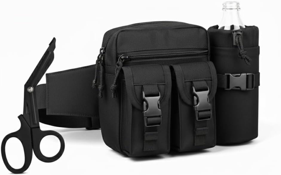 TeckMed Tactical Black Gear Pouch with EMT Shear & Bottle Holder | Heavy Duty Waterproof Molle Waist Bag for Hiking, Hunting, Trekking, Travel