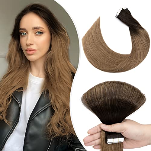 Tape in Extensions Human Hair 20 pcs - Seamless Invisible Skin Weft 100% Remy Hair Straight (#Omber2/6 Dark Brown/Light Brown, 14 Inch)