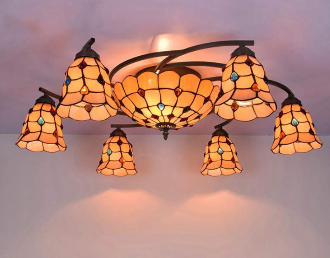 YNIYUJKL Retro Chandelier Chandelier Tiffany-Style Stained Glass Warm Color Beads Inverted Ceiling Chandelier Family Bedroom Bar