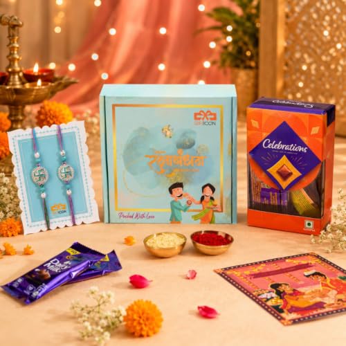 Image of Gifticon Rakhi Set for Brother with Chocolate | Premium Designer Rakhi, Chocolate, Roli Chawal, Greeting Card & Premium Gift Box | Rakhi Hamper for Raksha Bandhan | Swastik Rakhi Set