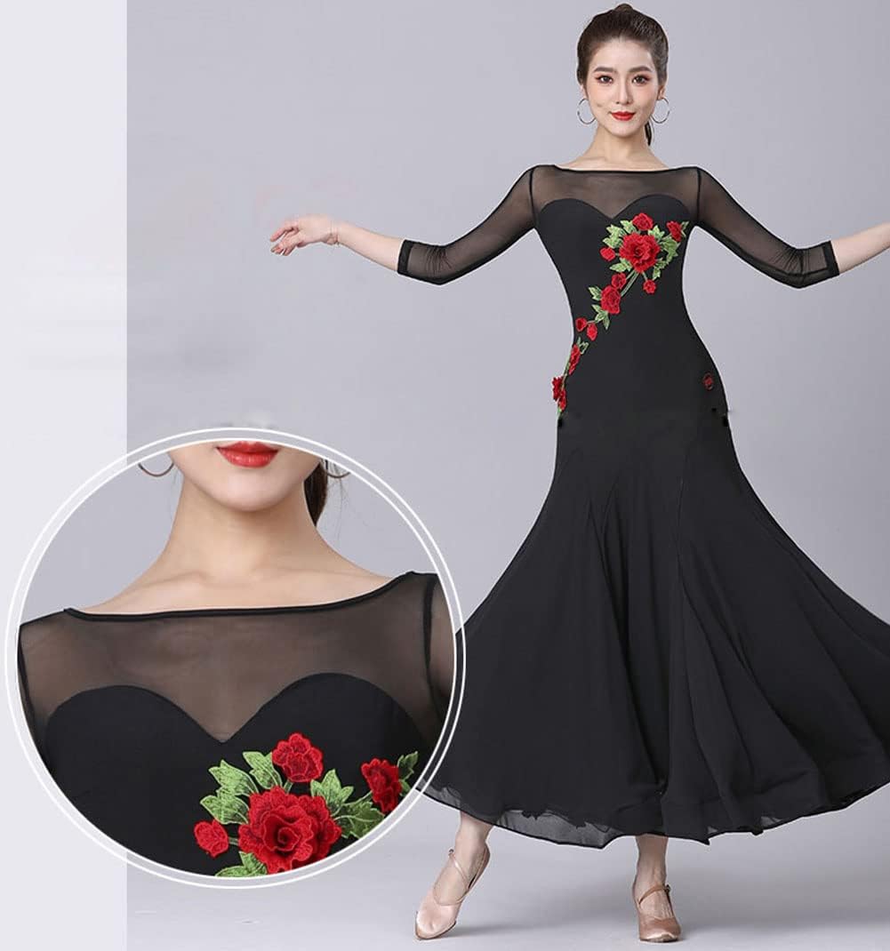 【美品 社交ダンス衣装】ブラック×ベロア生地 ワンピース ドレス 刺繍 花柄 黒 美品 社交ダンス衣装】ブラック×ベロア生地 ワンピース ドレス