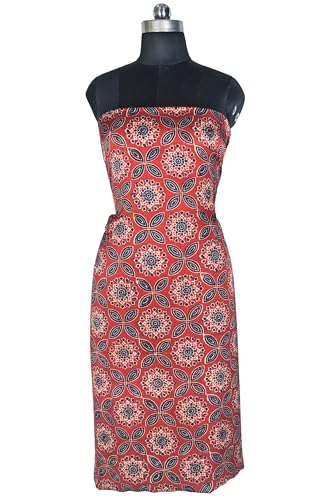 Image of Ethnics of Kutch Women's Ajrakh Modal Silk Natural Dye Hand Block Print Unstitched Kurta Fabric Mtr Length (2.5 Mtrs - Red 0640AC)