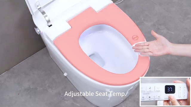 Inodoro inteligente, sanitario todo en uno con bidé, descarga automática, tapa automática, sensor de pie, asiento con calefacción, secado con aire tibio, luz nocturna, respaldo de batería de 9V, inodoro moderno alargado de cerámica para baño miniatura 7
