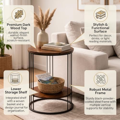 Image of Coffee Table /End Table /Center Table /Sofa Side Table /BedsideTable /nightstand for Living Room Bedroom Balcony Table with Marble Design Wooden Top Black Brown