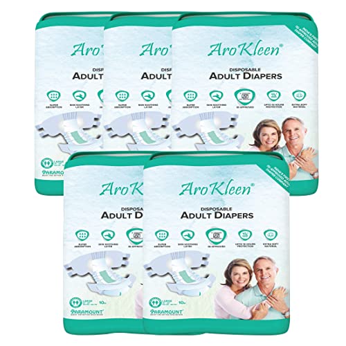Image of Arokleen ISI Certified Adult Diapers Tape Style | Large (L) | 50 Count | Waist 40-59 Inch (102-150 cm) | All Night Protection | Unisex, High Absorbency, Leak Proof, Wetness Indicator, Pack of 5