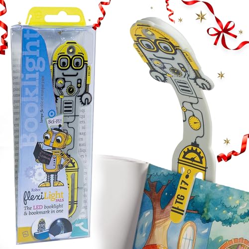 Image of Gifts for Readers & Writers Book Light for Kids, Clip On Reading Light for Bed, 2in1 Flexilight Pals & Bookmark, Small & Lightweight with a Soft Glow, 2 Batteries Included, Robot Grey