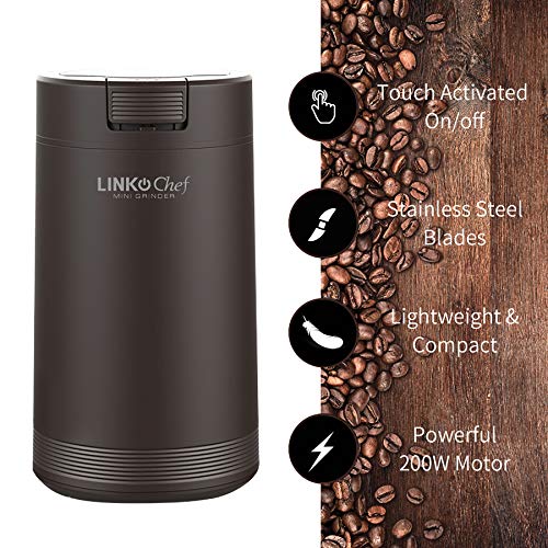 Coffee Grinder with Brush, LINKChef 200W Spice Grinder with Stainless Steel Blade for Seed Bean Nut Herb Pepper & Grain, Lid Activated Safety Switch, Brown, CG-8420