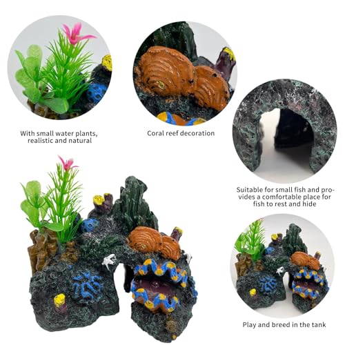 Image of PINVNBY Aquarium Coral Reef Decor Resin Fish Tank Decorations Rock Mountain Cave Ornaments for Goldfish Betta Fish Sleep Rest Hide Play Breed with 4 PCS Aquatic Plants (Small Size)