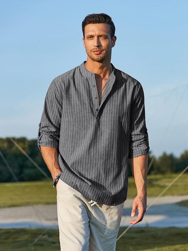 Image of Men's Cotton Blend Full Sleeve Printed Short Kurta with Mandarin Collar Crafted from a Premium Cotton Blend