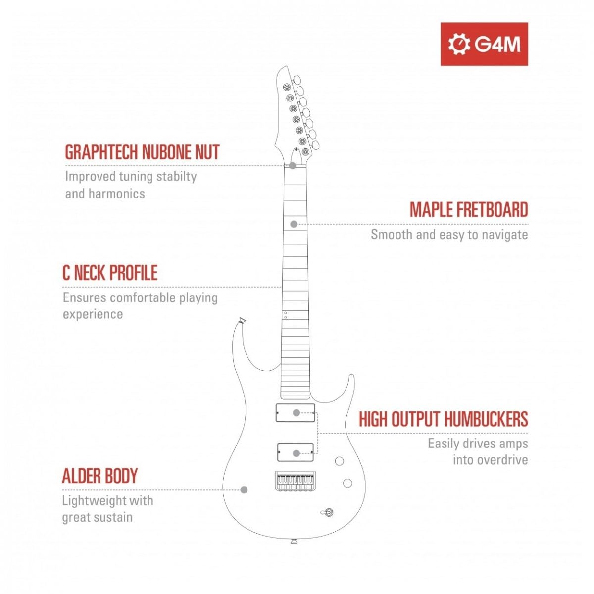 Chitarra elettrica a 7 corde lunghezza scala 27", 529 di G4M, Marmalade | 7 Corde con Scala 27", Humbucker Ceramici per un Tono Aggressivo, Capotasto Graphtech Nubone, Ponticello Fisso, Manico C