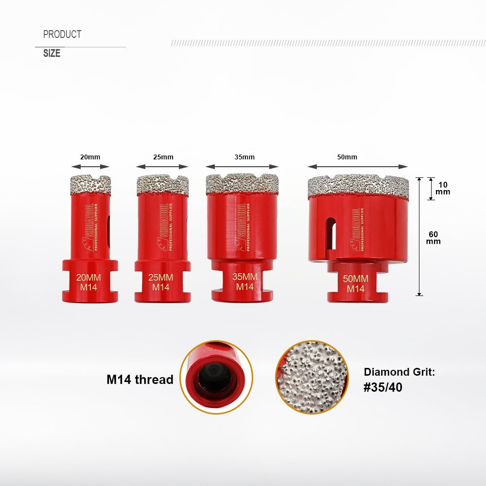 SHDIATOOL Set di Punta per Trapano Diamantata 4 Pezzi 20/25/35/50mm Vacuum Brasato Foretto Diamantato per Porcellana Piastrella Granito Marmo Taglio a Secco