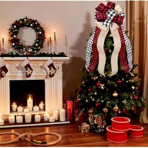 Christmas Tree Topper Large Buffalo Plaid Burlap Red and Black Gift Bow for Xmas Tree Handmade Holiday Party Decorations-13 x 29 Inch Christmas Tree Topper Large Buffalo Plaid Burlap Red and Black Gift Bow for Xmas Tree Handmade Holiday Party Decorations 13 x 29 Inch