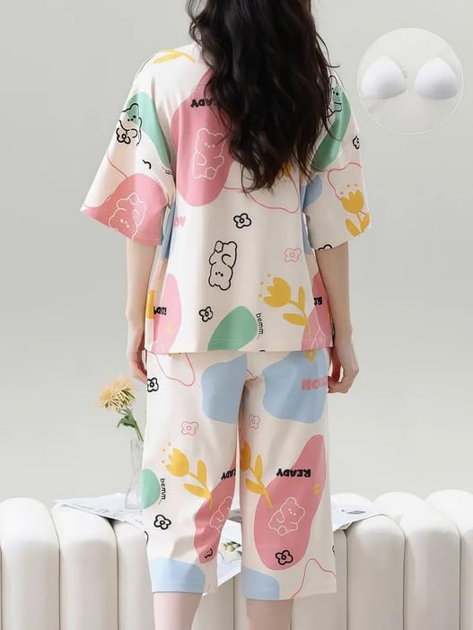 Image of Lunza Women's Cotton Pajama Set with Top & Pants|| Korean Night Suit|| Lightweight Printed Set || Soft & Comfy Sleepwear for Girls & Women