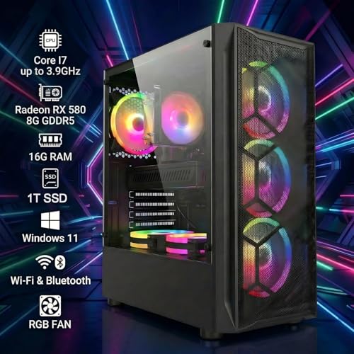 Image of STGAubron Gaming PC Computer Desktop, Intel Core i7 up to 3.9GHz, Radeon RX 580 8G Video Card, 16GB RAM, 1TB SSD, WiFi 6, BT 5.0, RGB Fan x 6, Windows 11 Home