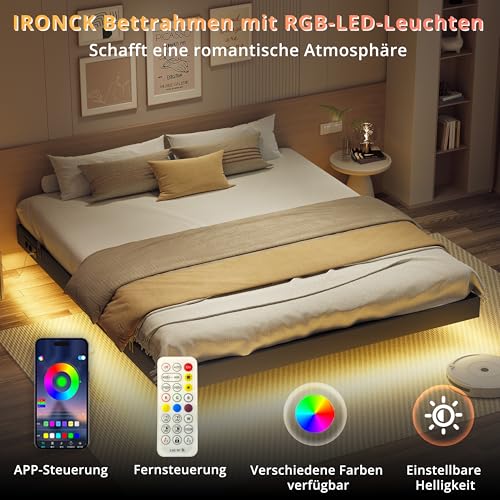 IRONCK Bett 180x200 mit LED Beleuchtung und Ladestation, Bettgestell 180x200 mit Stauraum, Floating Bed Frame, Bettrahmen 180x200cm, Jugendbett, Metallbett mit Lattenrost Doppelbett, Grau