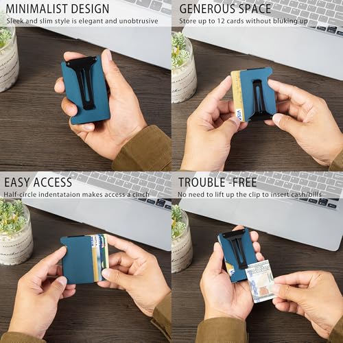 Image of Minimalist Carbon Fiber Wallet for Men, Money Clip Cash Strap Wallet, RFID Blocking Metal Wallet Aluminum Card Holder,Front Pocket Wallet(Matte Navy)