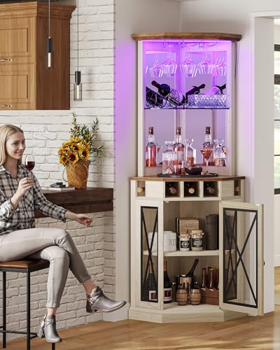 DWVO Corner Bar Cabinet with LED, 72" Tall Farmhouse Wine Cabinets, Liquor Stand w/Tempered Glass Door & Adjustable Shelf, Alcohol Storage with Wine Rack & Glass Holder for Living Room, Off White
