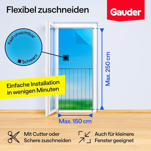 GAUDER Fliegengitter für bodentiefe Fenster - Insektenschutz ohne Bohren - Fliegengitter mit Klettband - Fliegennetz aus Polyester - Mückennetz & Moskitonetz für Fenster & Tür (150 x 250 cm - schwarz)