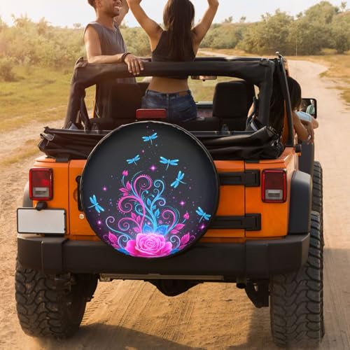 Image of Abstract Sparkle Dragonfly Roses Spare Tire Cover 17 inch Waterproof Dust-Proof Universal Spare Wheel Tires Covers Fit for Jeep,Trailers, RV, SUV,Many Vehicle Diameter 31 inch-33 inch