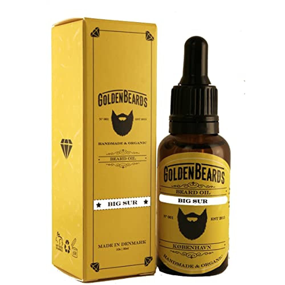Golden Beards Organic Oil and Growth - BIG SUR - 1Oz ** | 100% Organic | Moisturise your beard and skin, 100% Vegan & Organic Oils - Stop itching beard -MADE IN DENMARK-