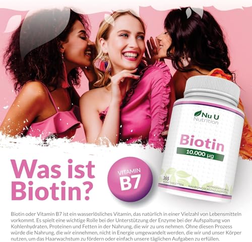 Biotin hochdosiert 10.000 mcg - 365 Vegane Tabletten - Für Haarwuchs, Haut & Nägel - Volle Jahresversorgung - Nahrungsergänzungsmittel von Nu U Nutrition