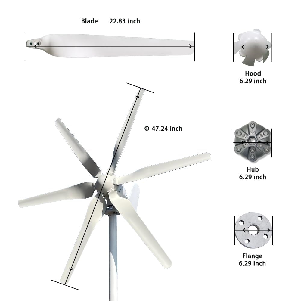 Générateur Éolien 800W 12V 24V 48V, Turbine Éolienne Horizontale à 6 Pales avec Régulateur de Charge MPPT pour Maison (24, Volts)