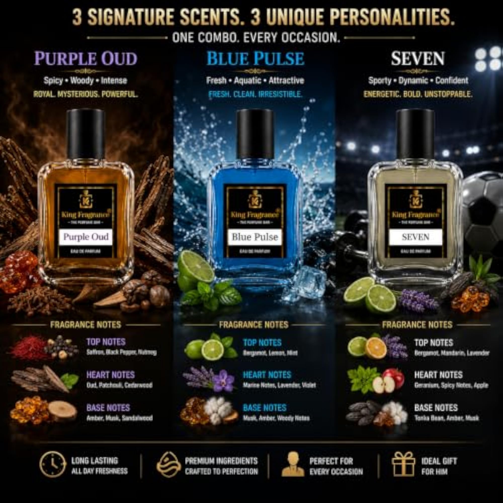 Purple Oud, Blue Pulse & Seven Eau De Parfum Combo for Men, 60ml x 3