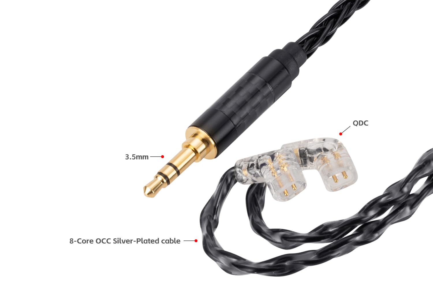 Alphatec Câble IEM 3,5 mm vers QDC (encastré 2 broches), câble d'écouteurs Hi-Fi à 8 fils OCC plaqué argent, câble de casque ultra doux, câble de moniteur intra-auriculaire, 1,3 m, noir
