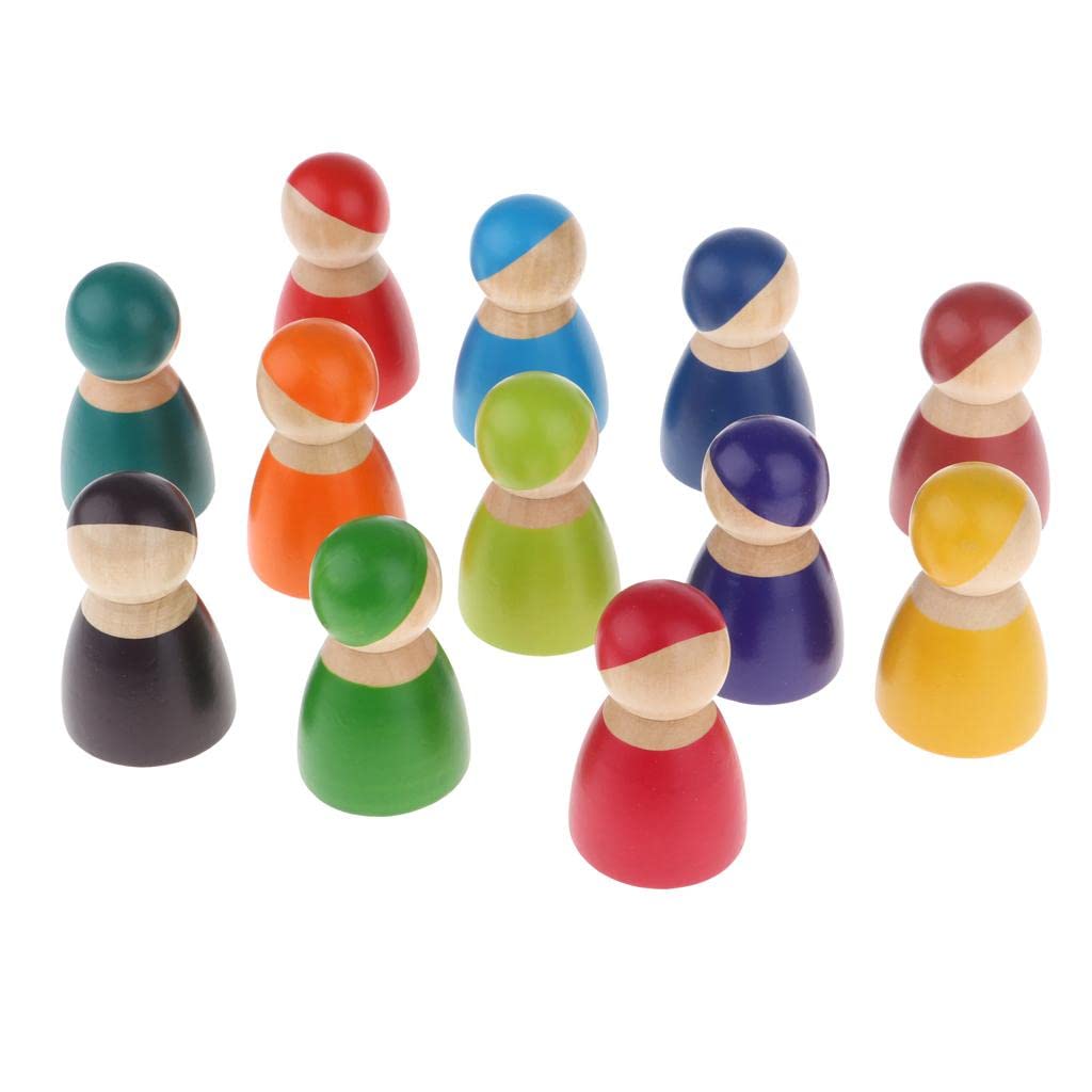TTETTZ 12 Pieces Rainbow Wooden Peg Dolls People Figures Doll for