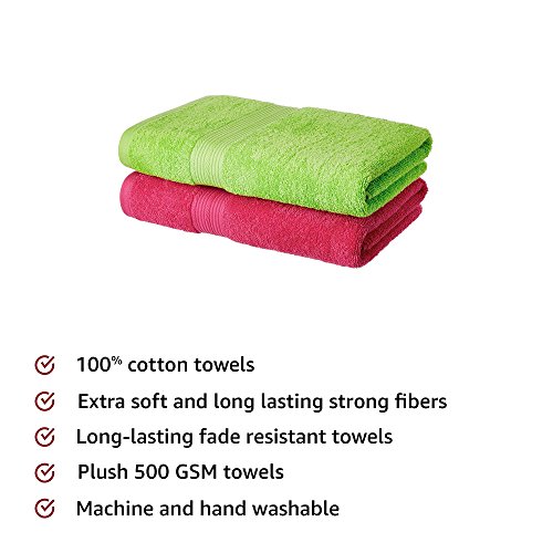 Image of Amazon Brand - Solimo Cotton 2 Piece Bath Towel Set, 500 GSM (Spring Green and Paradise Pink)