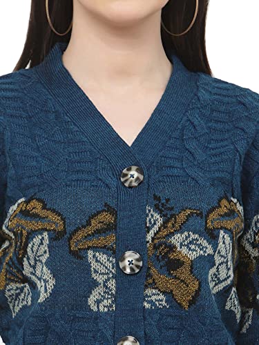Image of Kalt Women Sweater for Winter Woolen Acrylic Full Sleeves V Neck Floral Design Cardigan Sweater for Women
