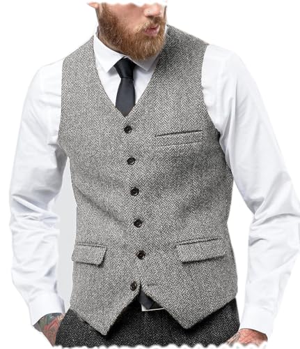 Tuikayoo Mens Herringbone Suits Vests Wool Business Tweed Retro Waistcoats Groomsman Slim Fit(Large, Silver)