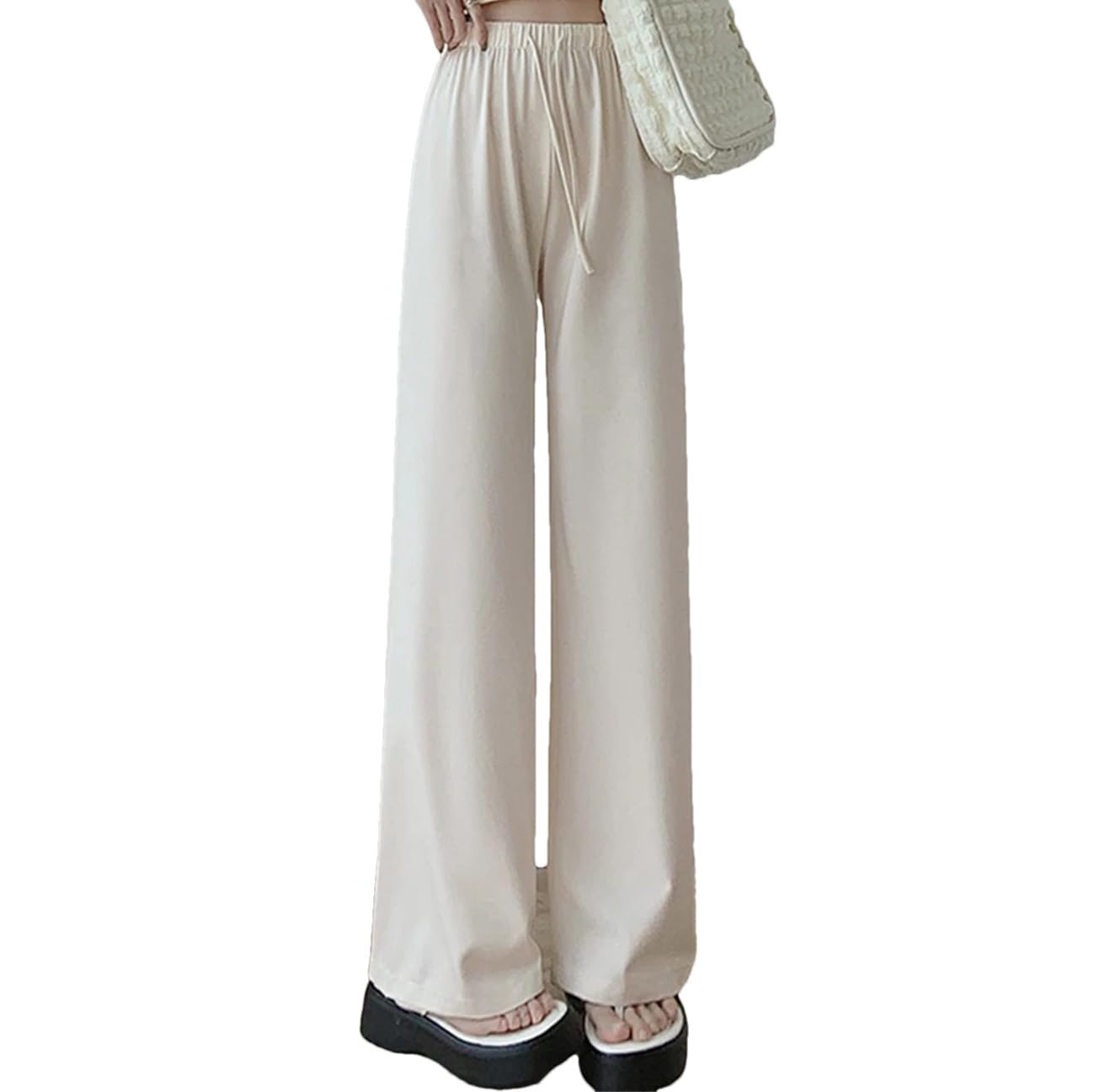 Womens High Waist Straight Loose Pants Summer Casual Solid Color Lace-Up Fashion Female Wide Leg Pants Office Lady