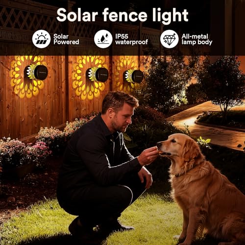 Image of Neoglint Warm White Solar Fence Lights Outdoor Metal IP55 Waterproof | Projects peacock pattern, Durable iron & ABS, 12h long illumination, Auto ON /OFF for garden, wall, deck and step decor