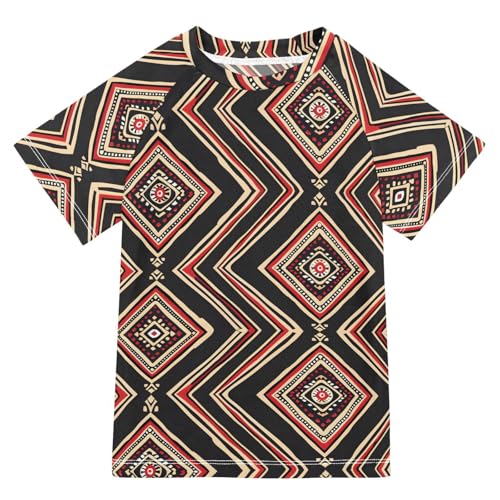 ALAZA Kids Rash Guard Toddler Swim Shirt Boy Girls Black Red Geometric UPF 50+ Short Sleeve 4T