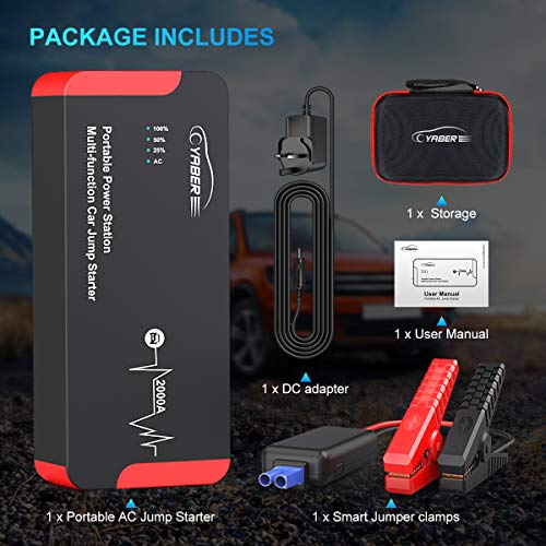 Jump Starter, YABER 2000A Peak 22000mAH 100W Portable AC Jump Starter Car Battery Jumper Starter (All Gas or 8.0L Diesel) Super Safe Car Booster Battery Charging Port