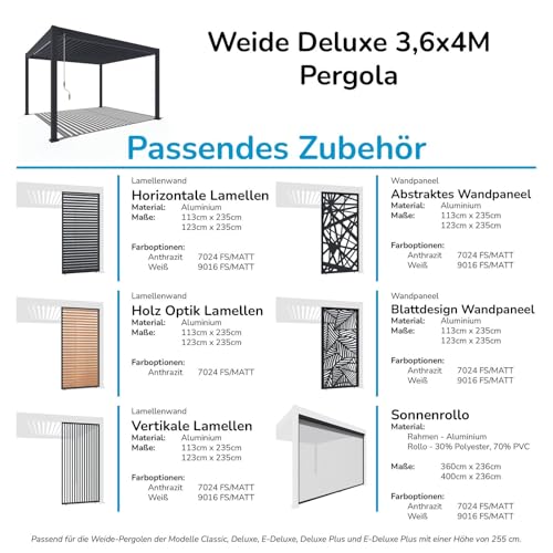 Pavillon Pergola 3x4m Terassenüberdachung freistehend mit Lamellendach verstellbar Gartenpavillon Hardtop wasserdicht stabil Winterfest Voll-Aluminium Grillpavillon wetterfest Weide Deluxe Anthrazit