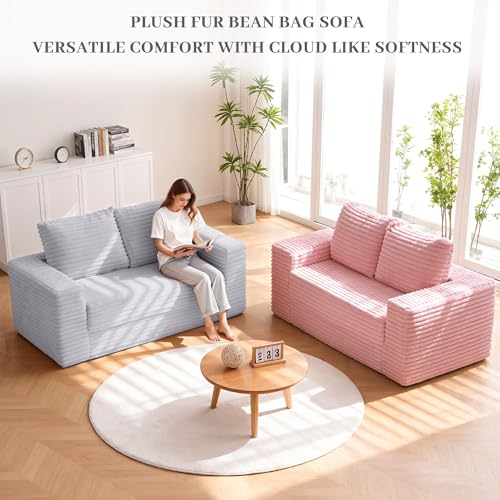 Image of HABUTWAY 62 inch Small Boneless Couch,3-in-1 Convertible Folding Sofa Bed, Corduroy Loveseat Sofa Bed w /2 Pillows for Living Room /Guest Room No Assembly Required, Light Grey