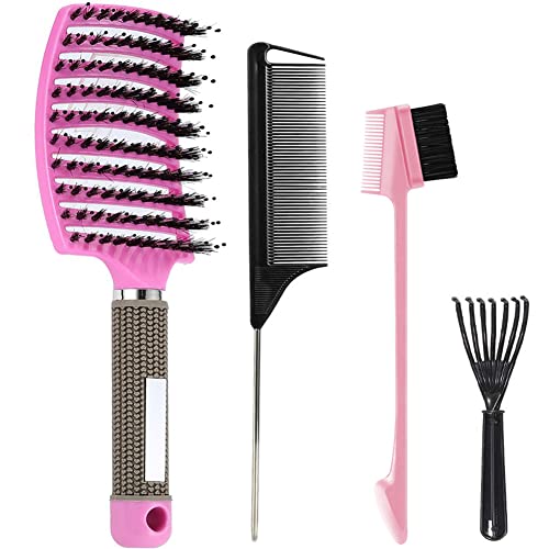 4PCS Boar Bristle Hair Brush Set, Detangling Brush with Edge Brush, Rat Tail Combs and Brush Cleaner, Curved Vented Curly Hair Brush for Women/Men/Kids, Paddle Brush for Wet Dry Thick Black Natural Hair (Pink)
